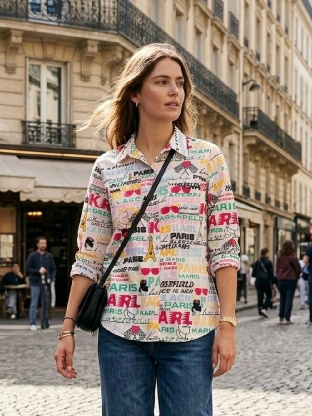 Women’s Karl Lagerfeld Paris button down shirt SZ Large. Whimsical, street wear